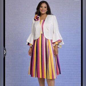 Mod Fashion 60’s 70’s Bold Striped Maxi Dress Bolero Tiered Bell Sleeves Corsage